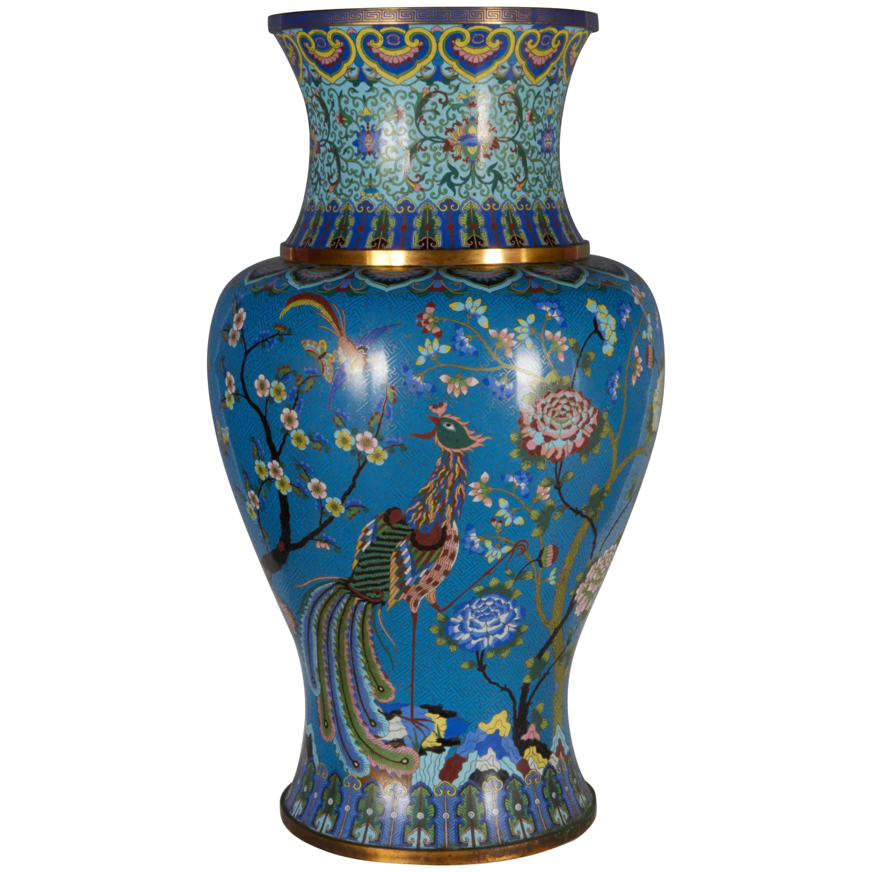 Massive Chinese Cloisonné Vase with Phoenix, Magnolia, Lotus and Chrysanthemums For Sale