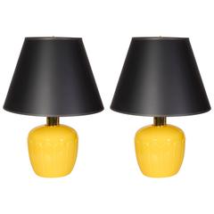 Pair of Yellow Ceramic Lamps with Black Shades 6