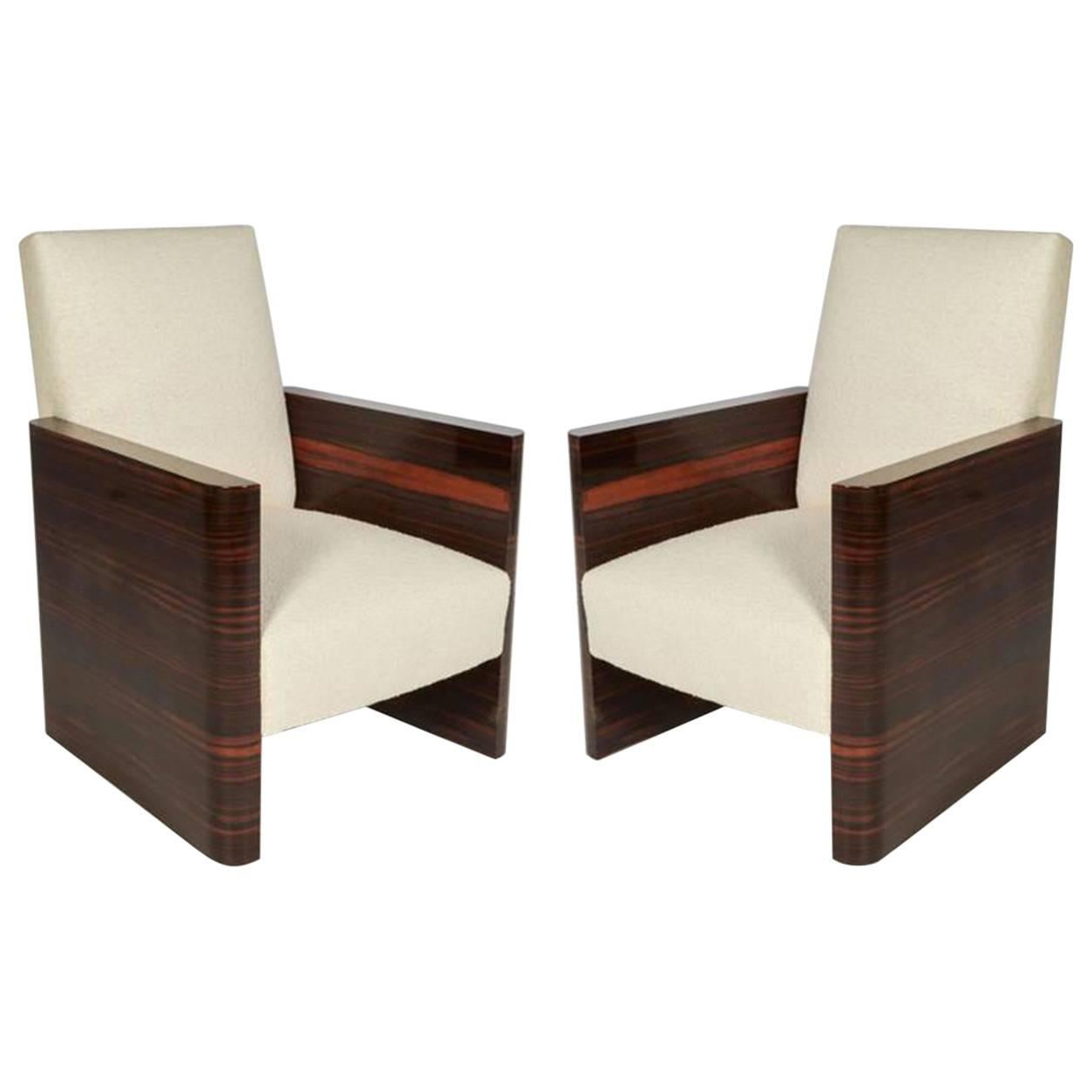 Pair of French Art Deco Macassar Wood Armchairs For Sale