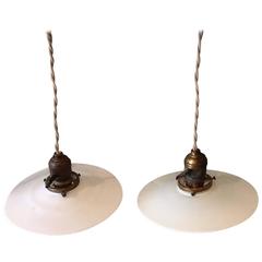 Antique Milk Glass Disc Pendant Lights with Brass Fitters
