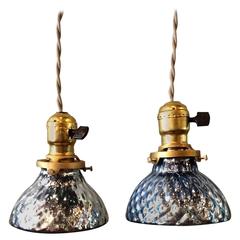 Pair of Petite Blue Mercury Glass Pendant Lights with Brass Fitters