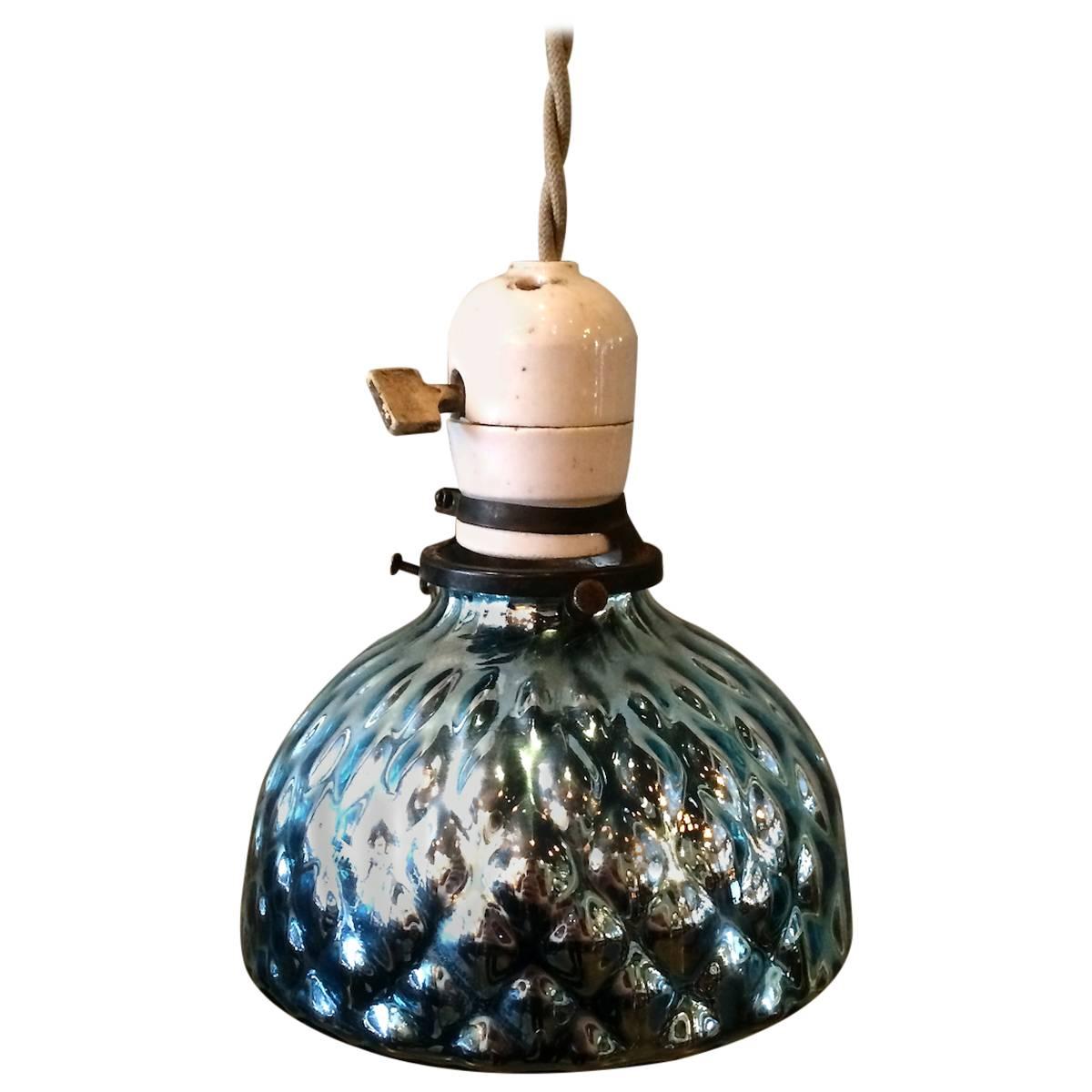 Petite Blue Quilted Mercury Glass Pendant Light with Porcelain Fitter