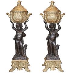 Pair of Antique French Bronze Cherub Stands Planters Jardinières