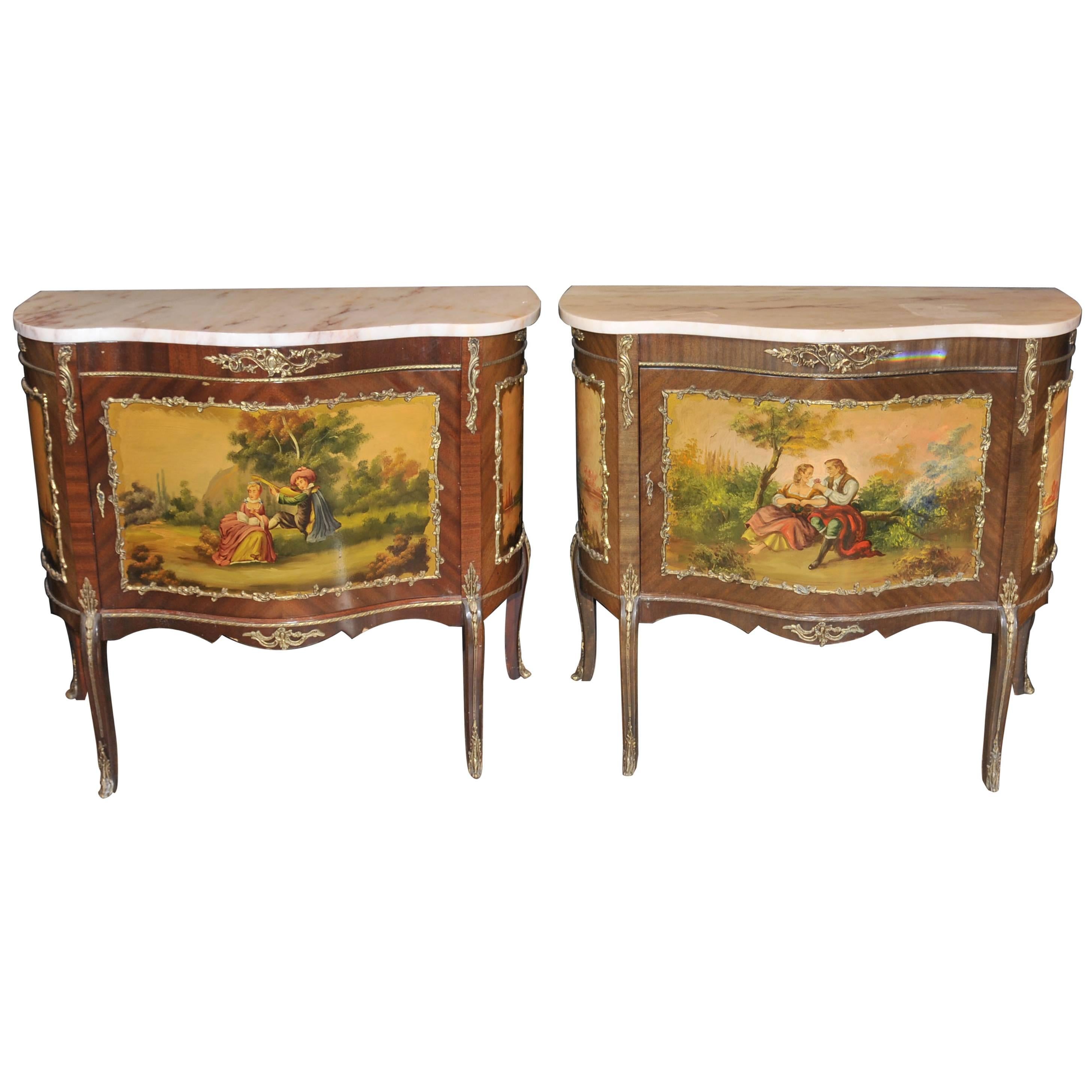 Pair of French Vernis Martin Style Painted Chests Cabinets Lacquer Commodes For Sale