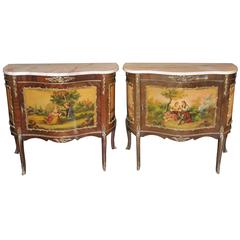 Pair of French Vernis Martin Style Painted Chests Cabinets Lacquer Commodes