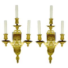 Pair of Monumental Caldwell Three Light Gilt Bronze Sconces 4