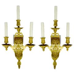 Pair of Monumental Caldwell Three Light Gilt Bronze Sconces