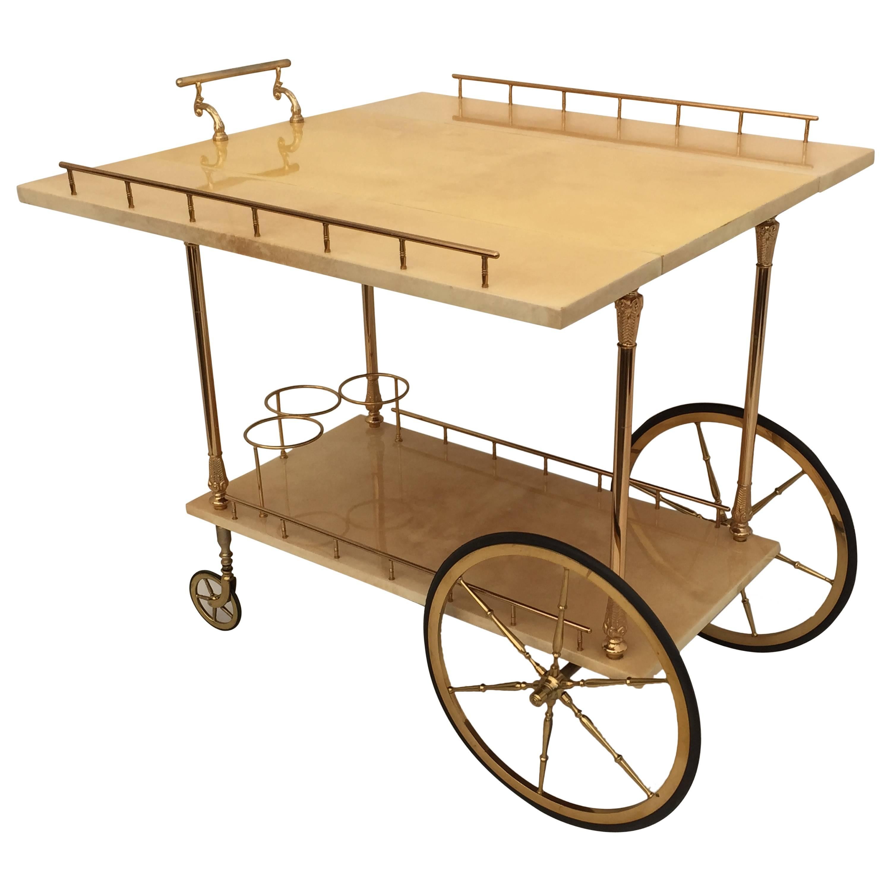 Aldo Tura Parchment Drop-Leaf Bar Cart For Sale