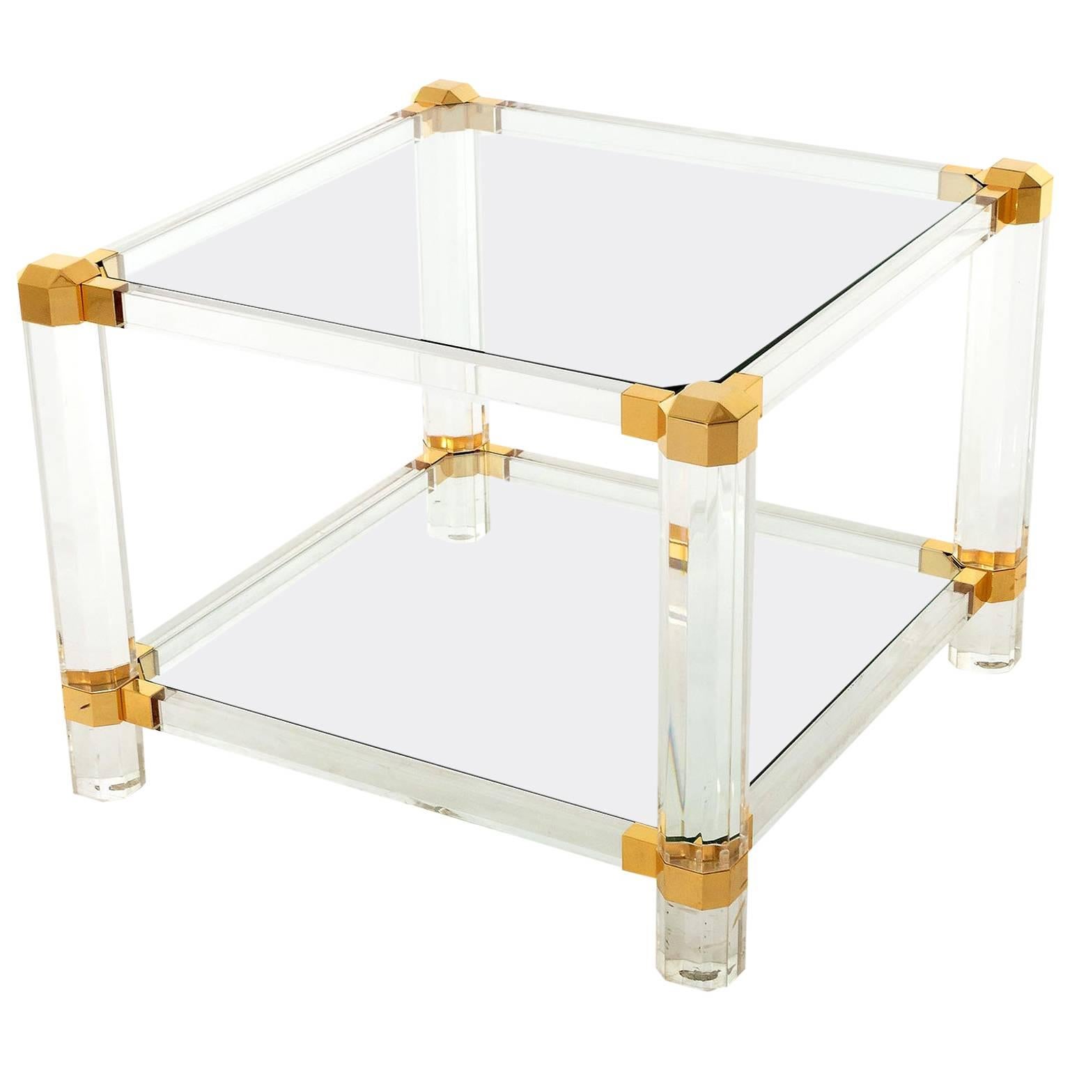 Coffee or Side Table, Lucite Glass Gold Brass, 1970 For Sale