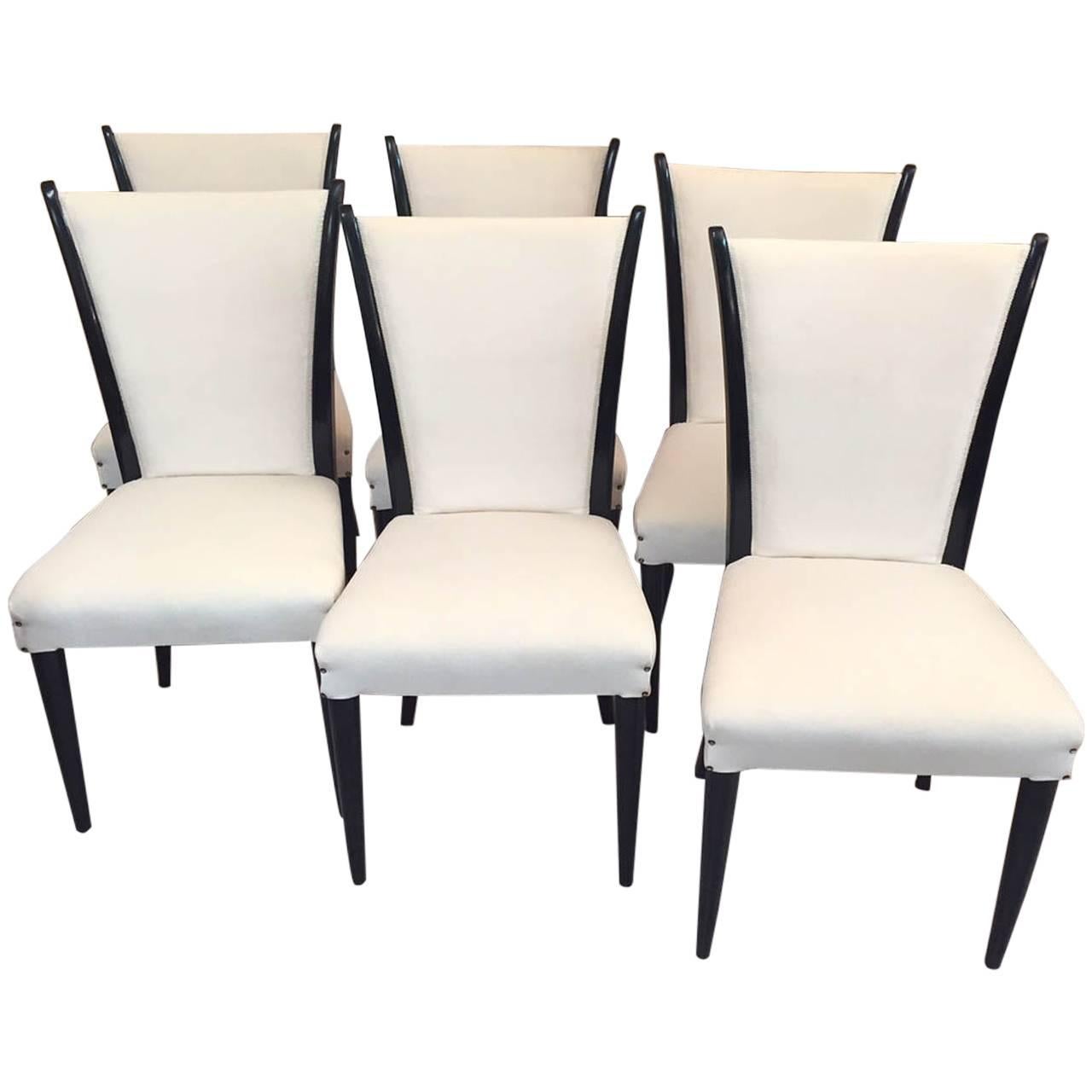 Art Deco Black Lacquered Wood and Ivory Velvet Italian Chairs, 1930s