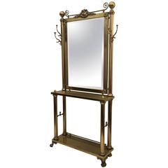 Vintage Neoclassical Brass Hall Tree Mirror, Coat Hanger and Console Table