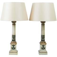 Pair of Early 20th Century French Painted Tole Lamps