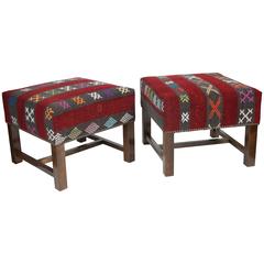 Pair of Foot Stools with Vintage Tapestry