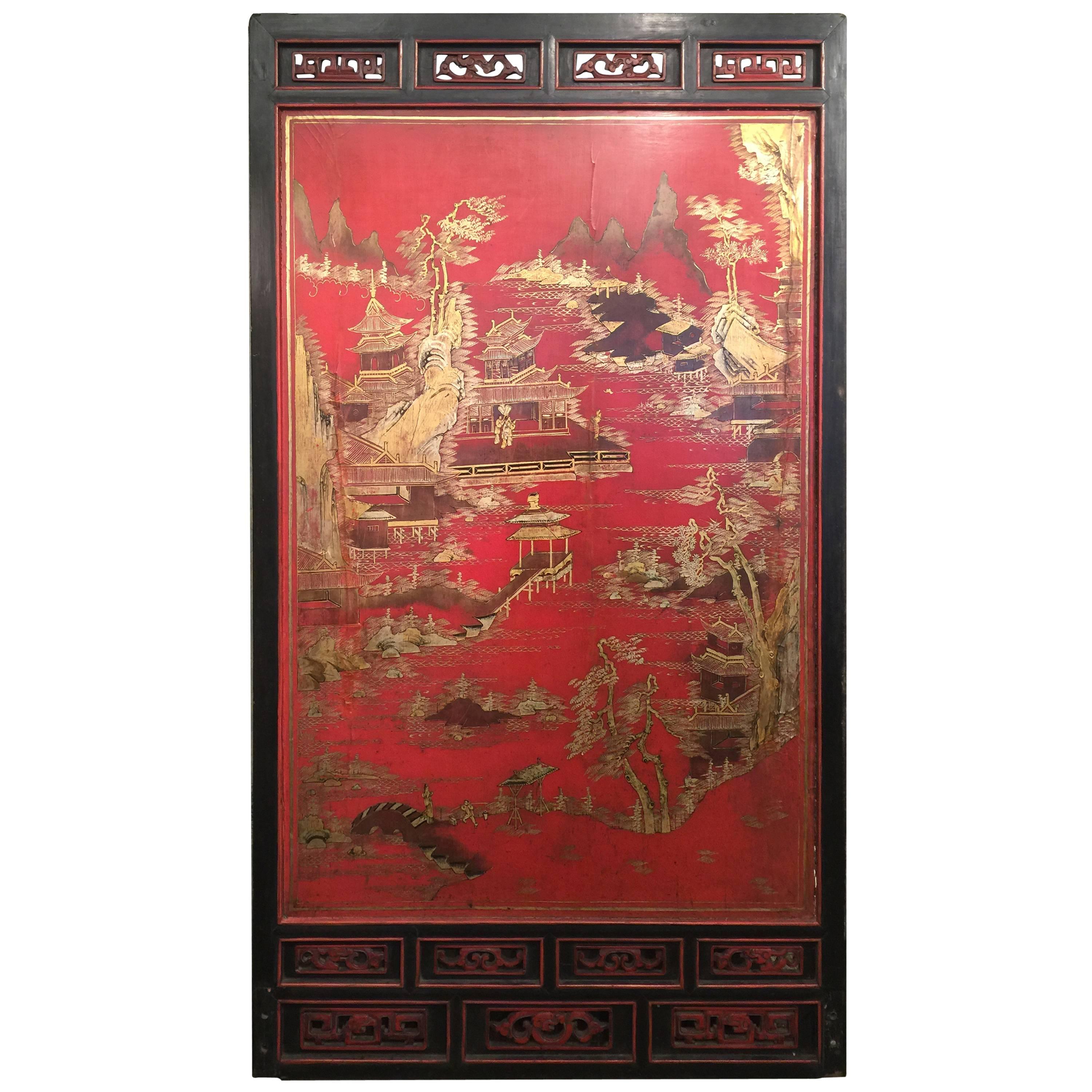 Massive Red Chinese Lacquer Panel with Gold Landscape and Fret For Sale