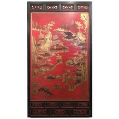 Massive Red Chinese Lacquer Panel with Gold Landscape and Fret