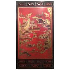 Massive red Chinoiserie Lacquer Panel with gold landscape and fret 11
