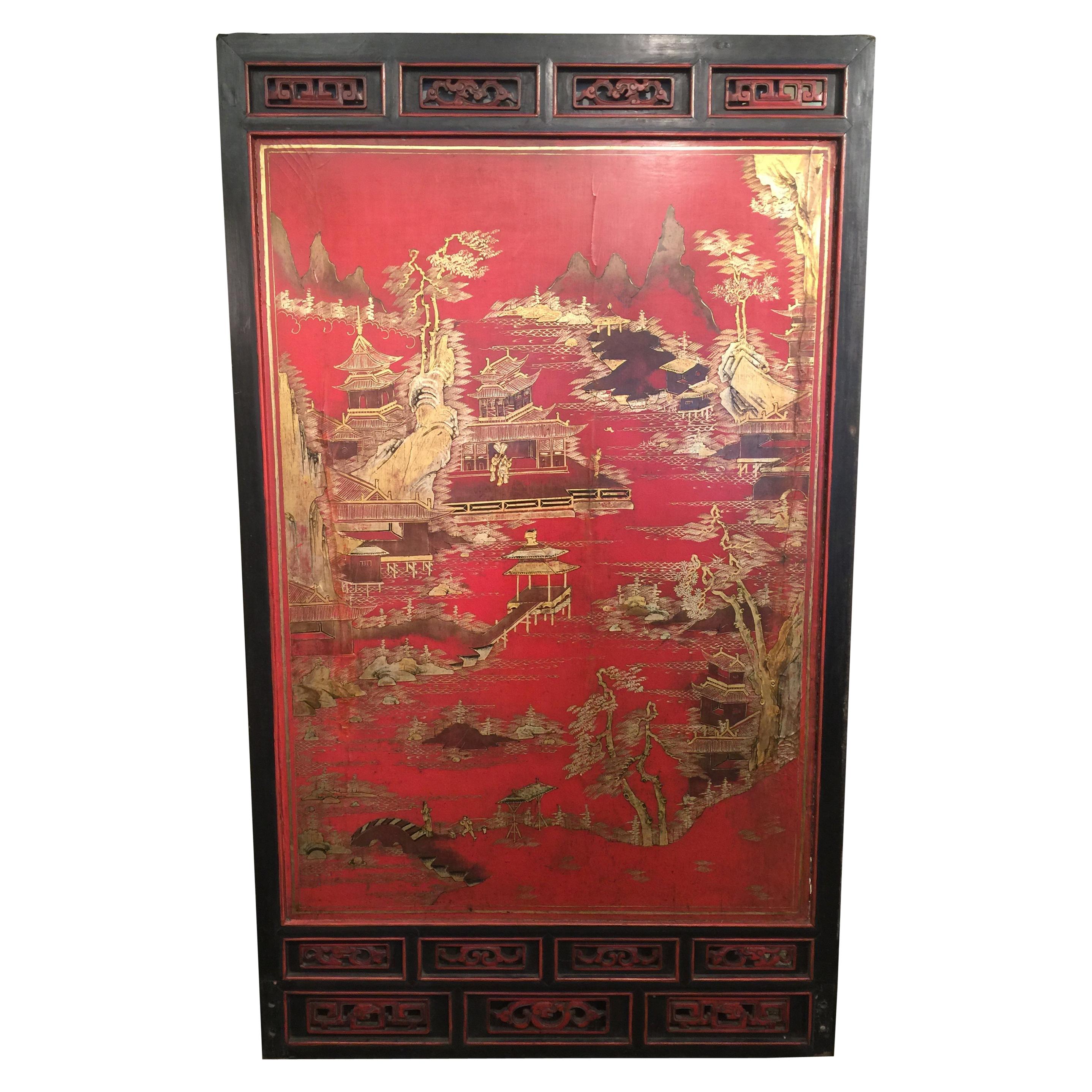Antique Chinese Red Lacquer Landscape For Sale