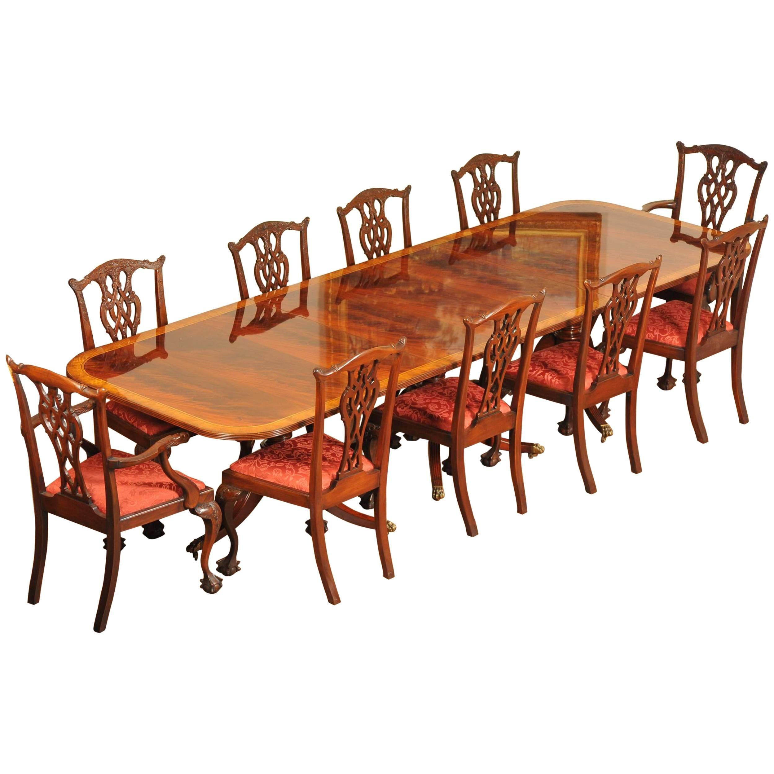 Regency Style Dining Set Pedestal Table and Ten Chippendale Chairs Mahogany For Sale
