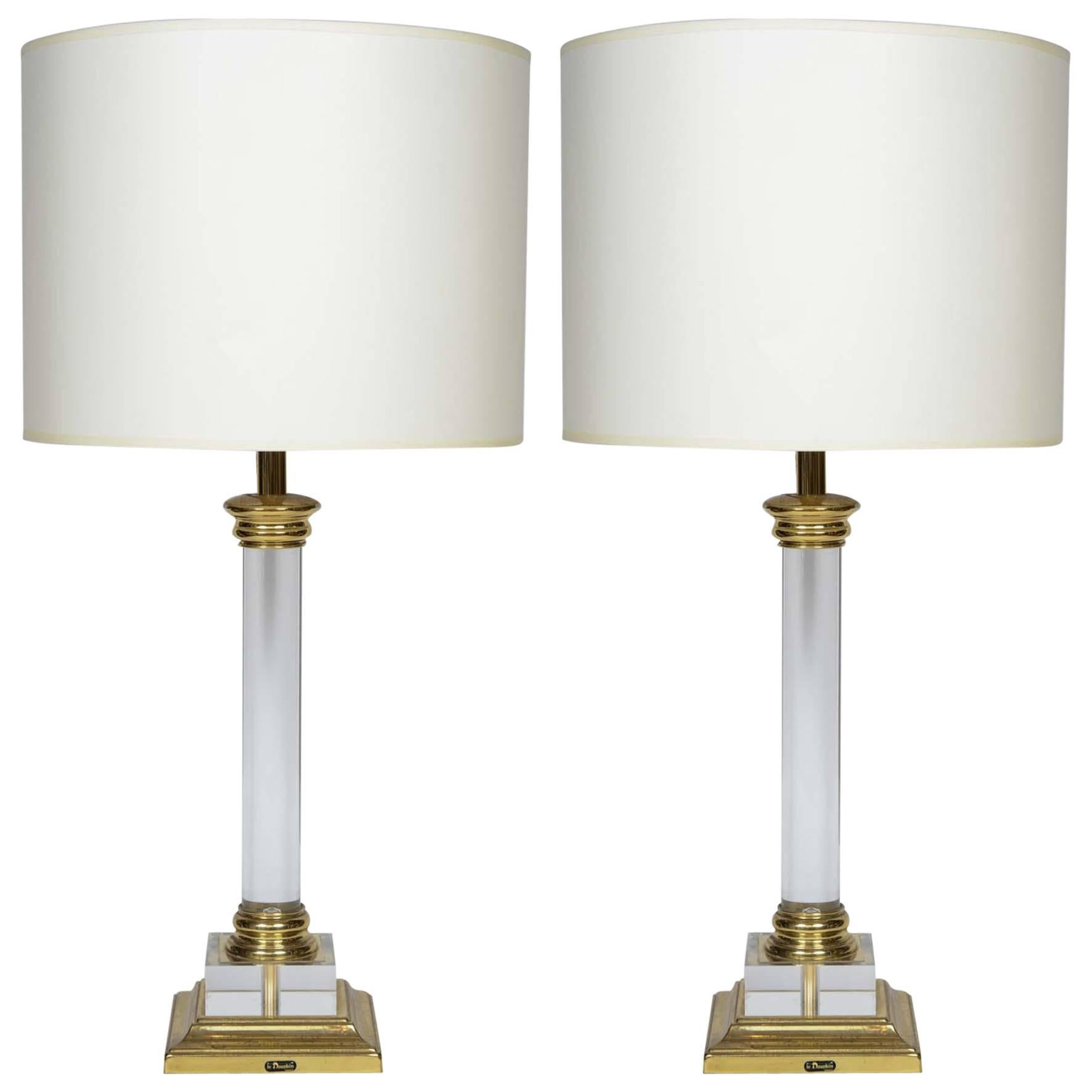 Maison Le Dauphin Lucite and Brass Column Table Lamps