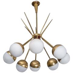 Brass and Glass Globes Stilnovo Style Chandelier