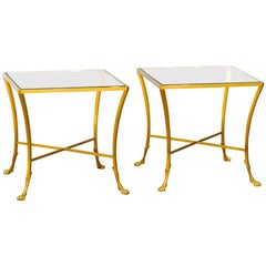 Pair of French 1950s Maison Baguès Style Tables Made of Glass and Gilt Bronze