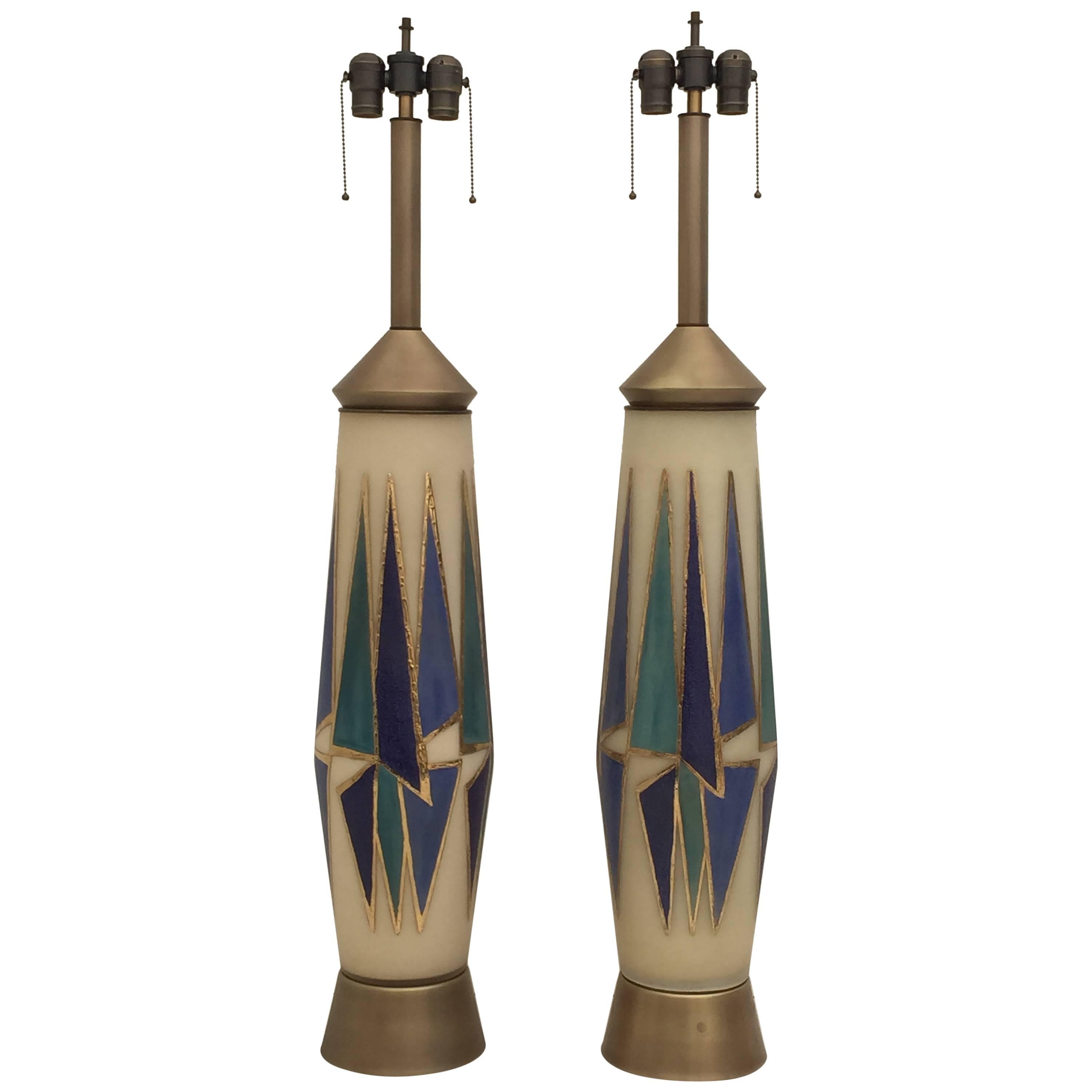 Giant Opaline Glass Mid-Century Table or Floor Lamps with Abstract Design