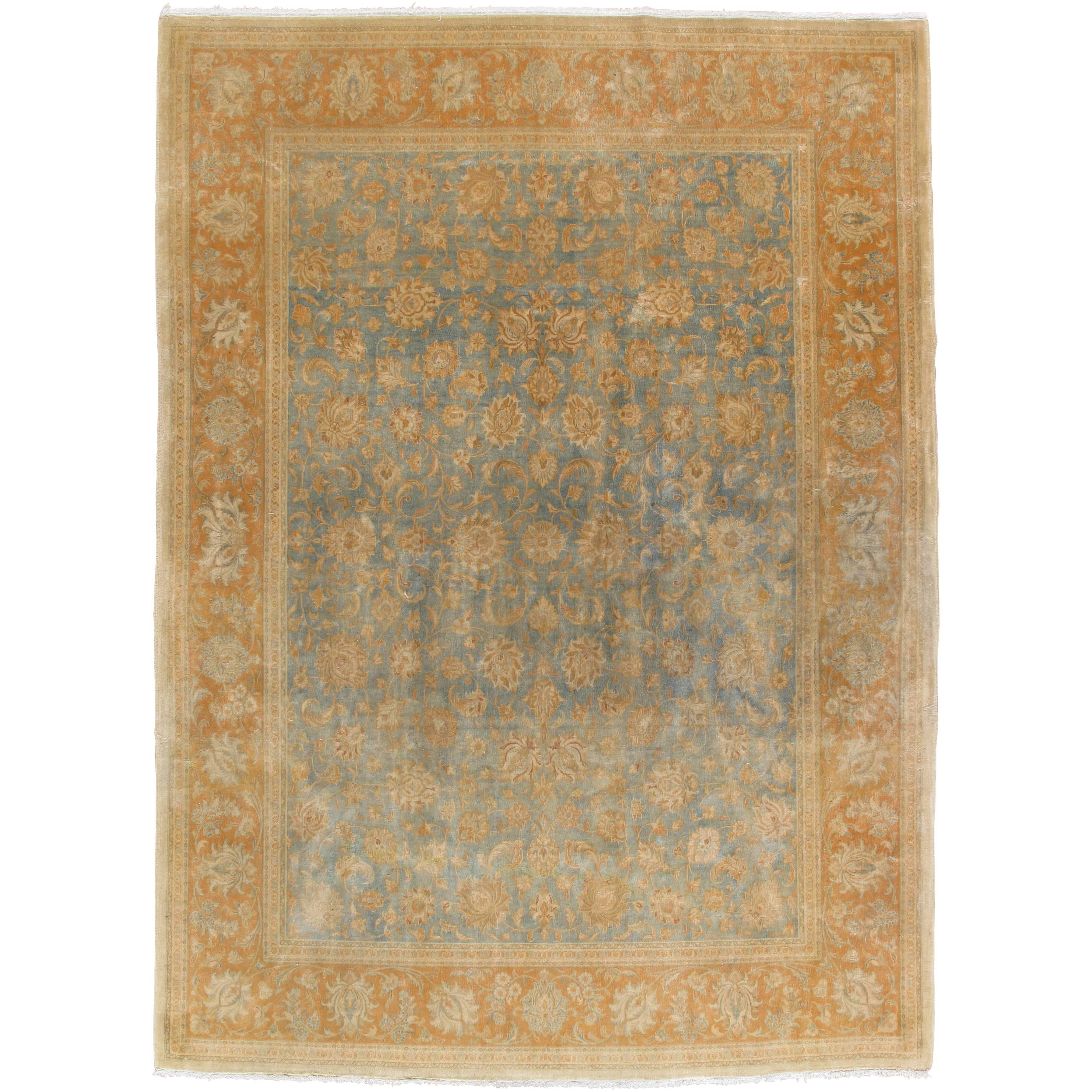 Antique Kerman Carpet, Allover Persian Handmade Carpet, Light blue, Ivory, Peach