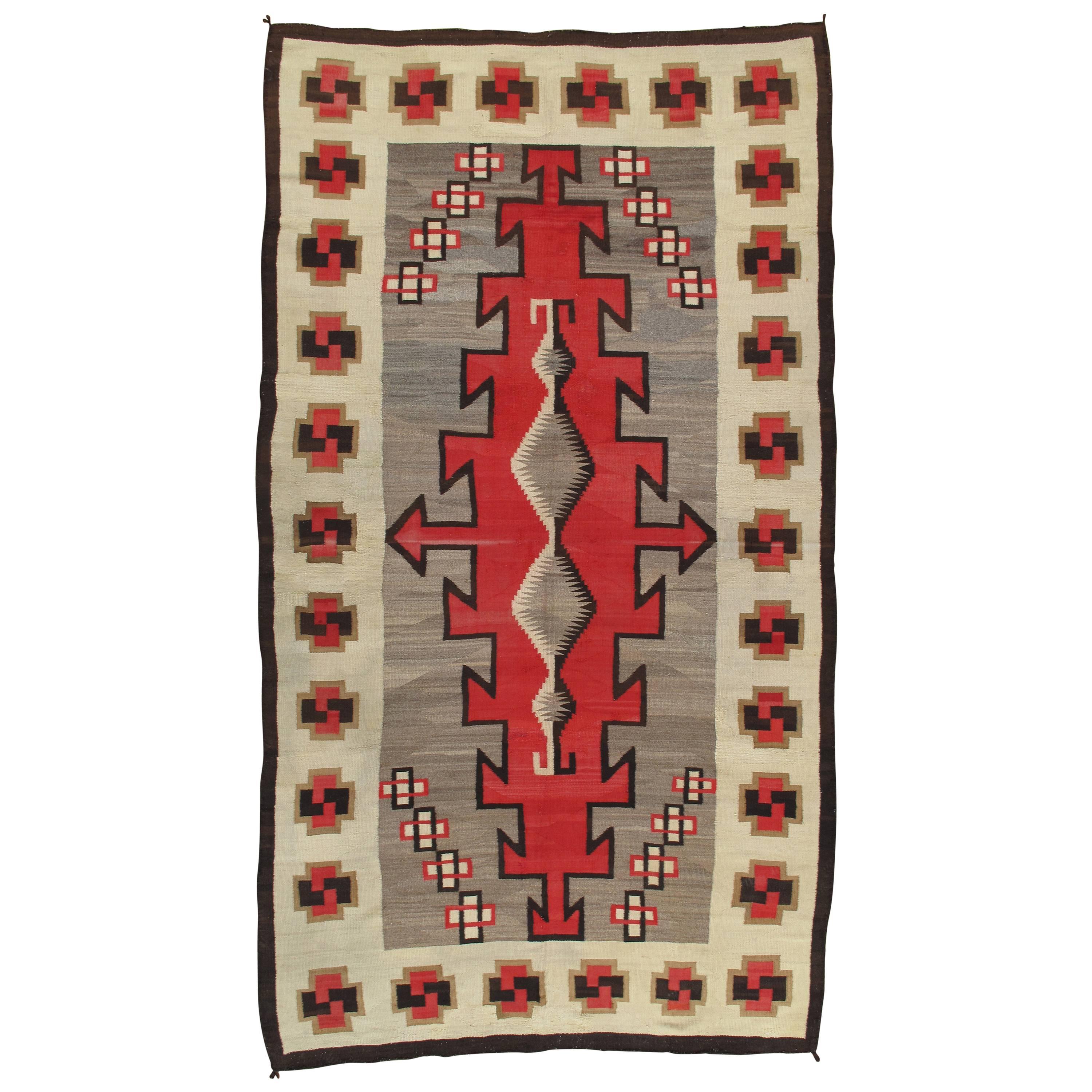 Antique Navajo Carpet, Handmade Rug, Brown, Blue, Beige, Taupe Soft Red Color