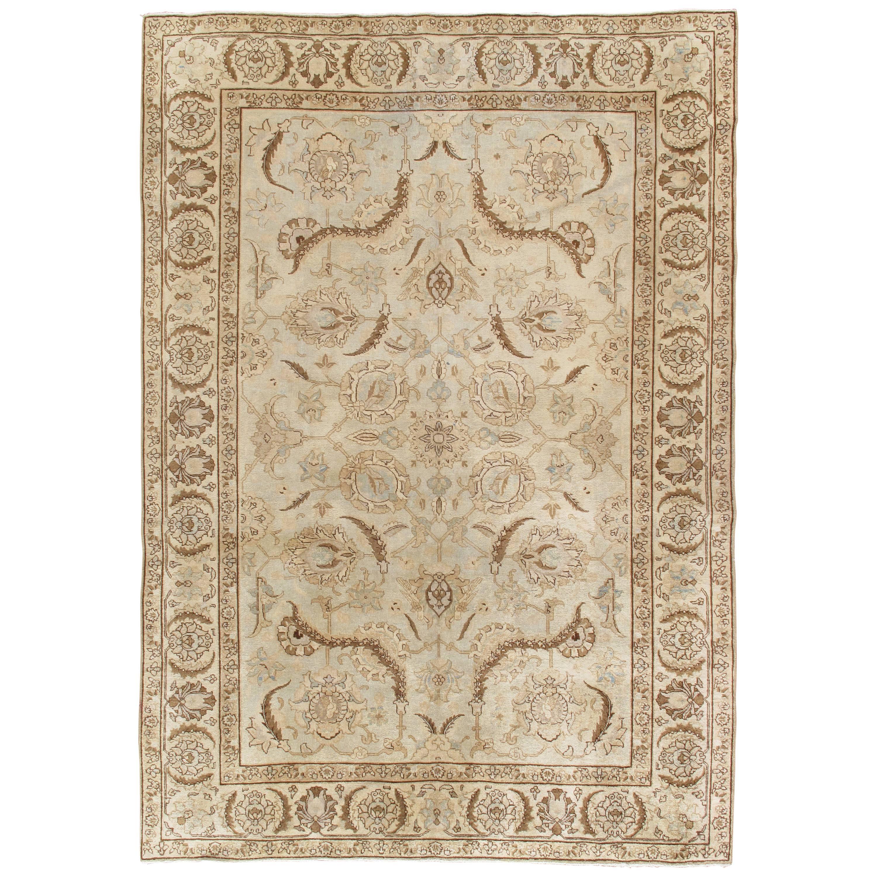 Antique Tabriz Carpet, Fine Handmade Oriental Rug, Pale Blue, Taupe, Brown