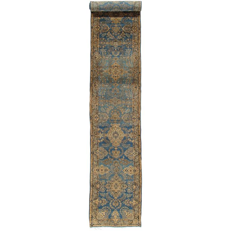 Antique Persian Kerman Runner, Fine Rug, Light Blue, Gold, Tan, Cream