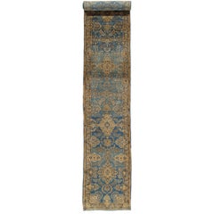 Antique Persian Kerman Runner, Fine Rug, Light Blue, Gold, Tan, Cream, Taupe