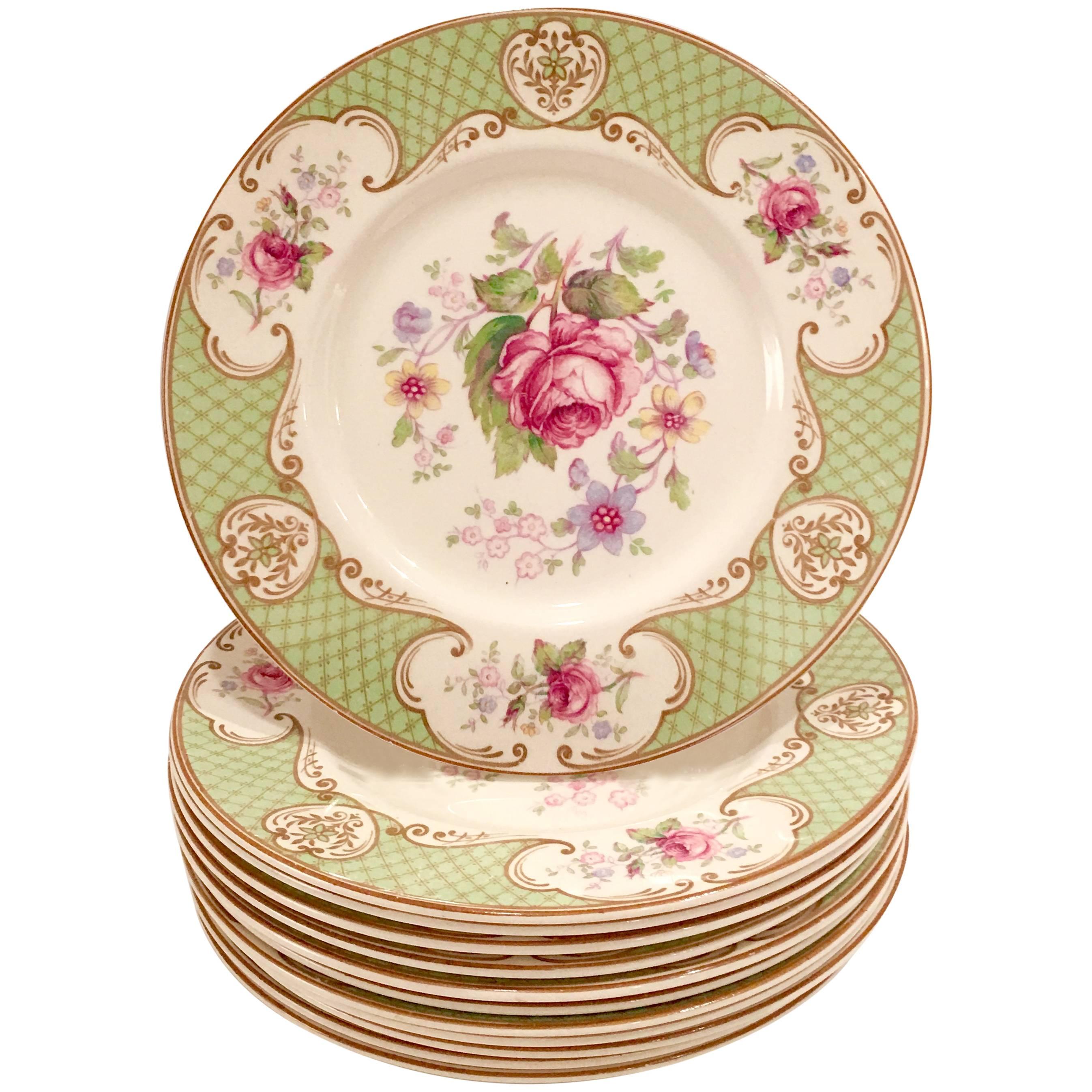 Myott "Staffordshire Rose" Green Plates, Set of 12 