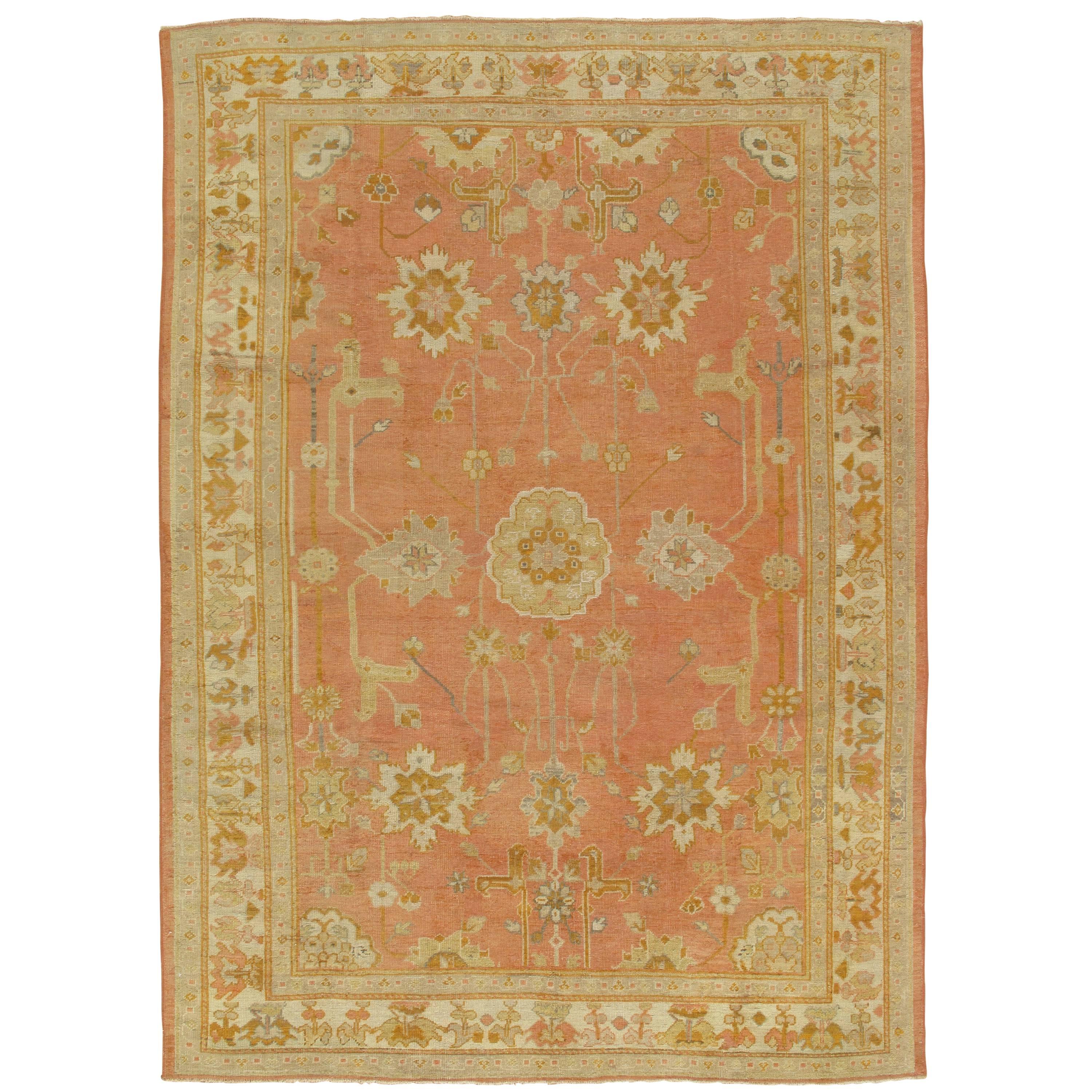 Antiker Oushak-Teppich, handgefertigter orientalischer Teppich, rosa Teppich, taupefarben, cremefarben, fein