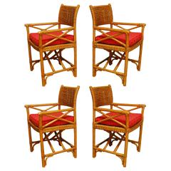 Set of Four Bamboo and Woven Leather Director Style Armchairs
