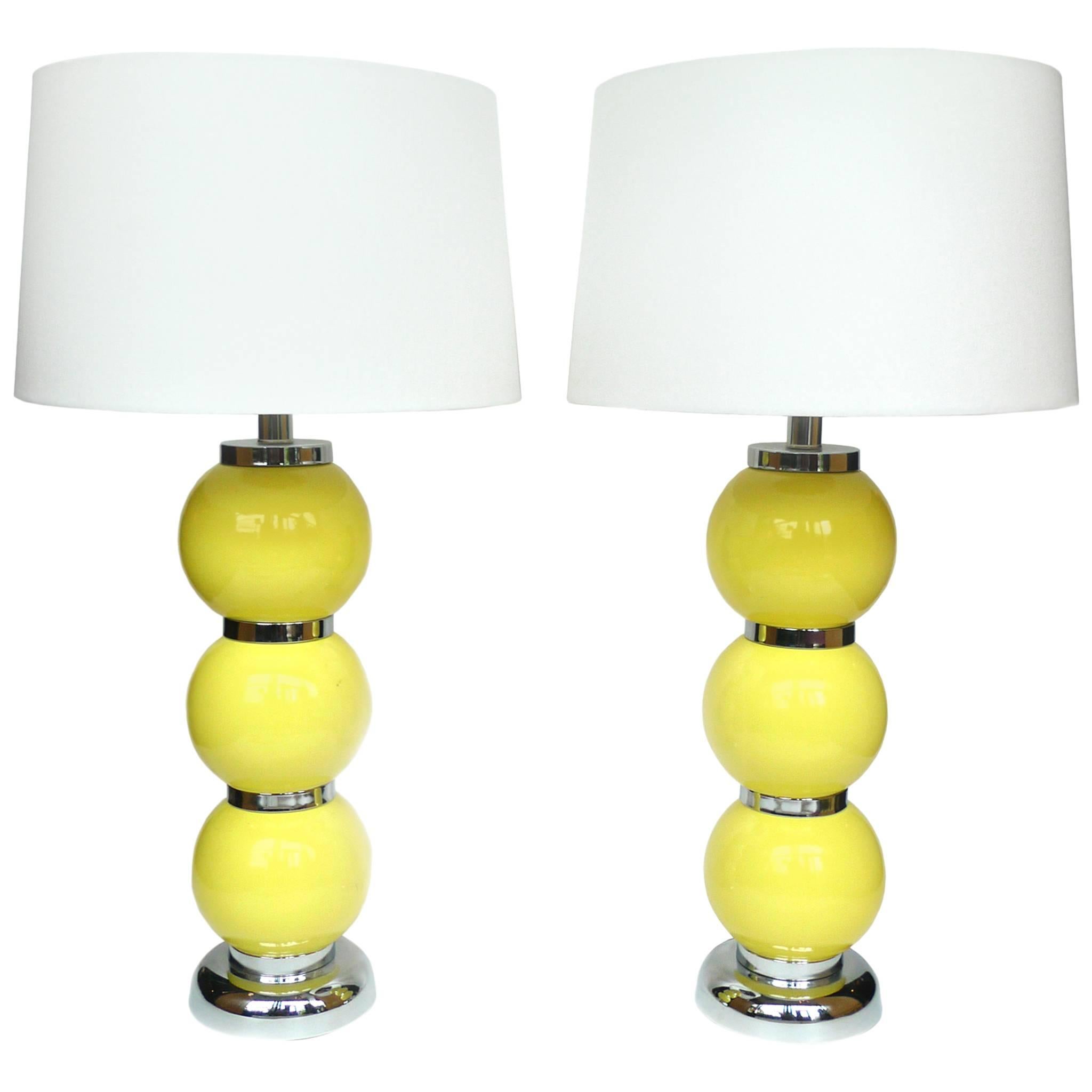 Pair of 1960s Yellow Stacked Ball Lamps in the Style of George Kovacs