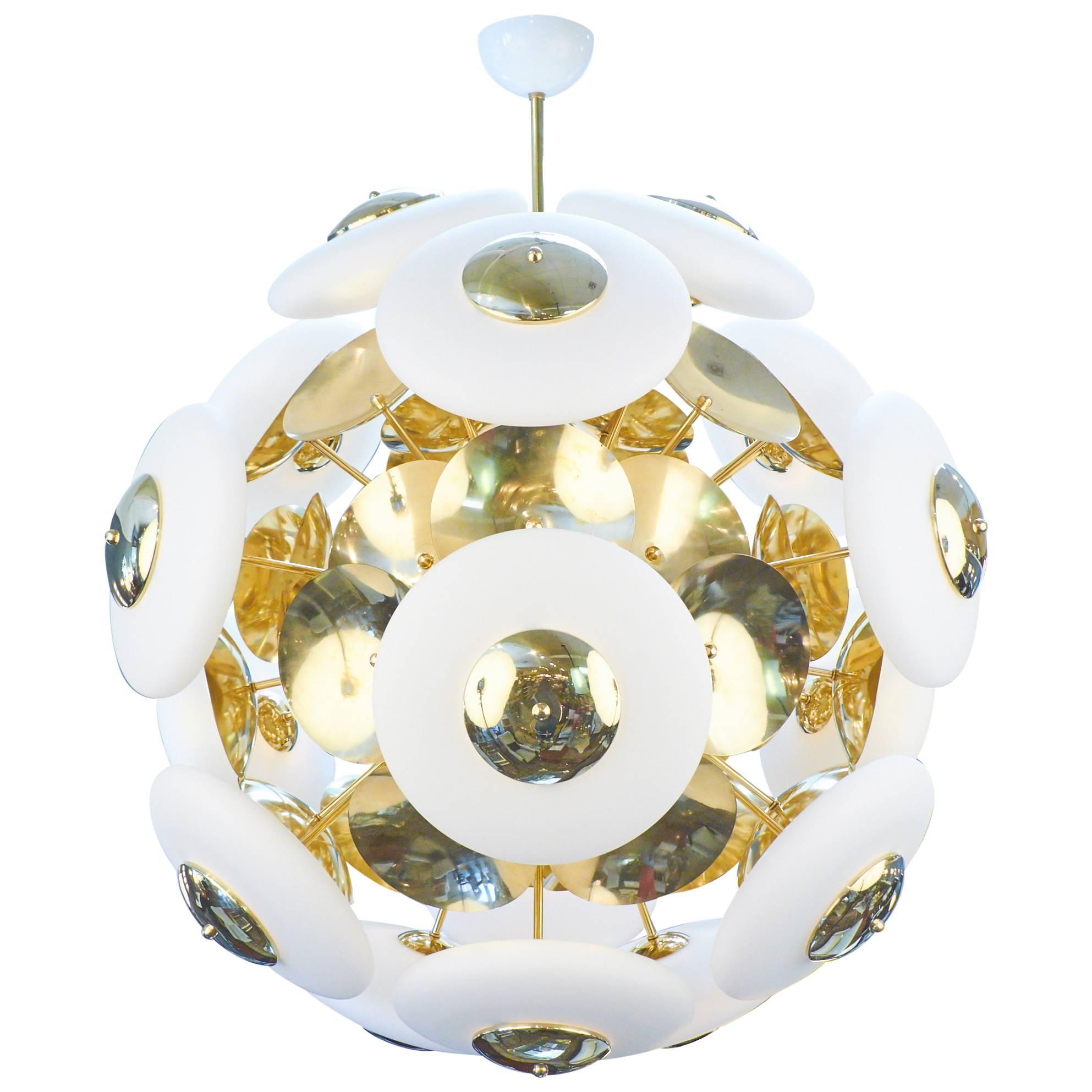 Murano White Glass Orbs and Brass Chandelier