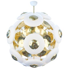 Murano White Glass Orbs and Brass Chandelier