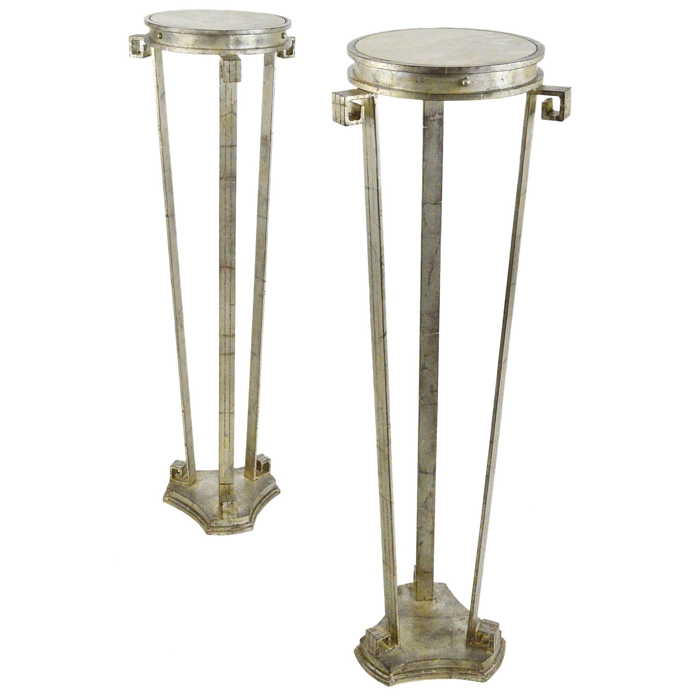 Fantastic Pair of Art Deco Style Silver Leafed Marble-Top Iron Pedestals For Sale