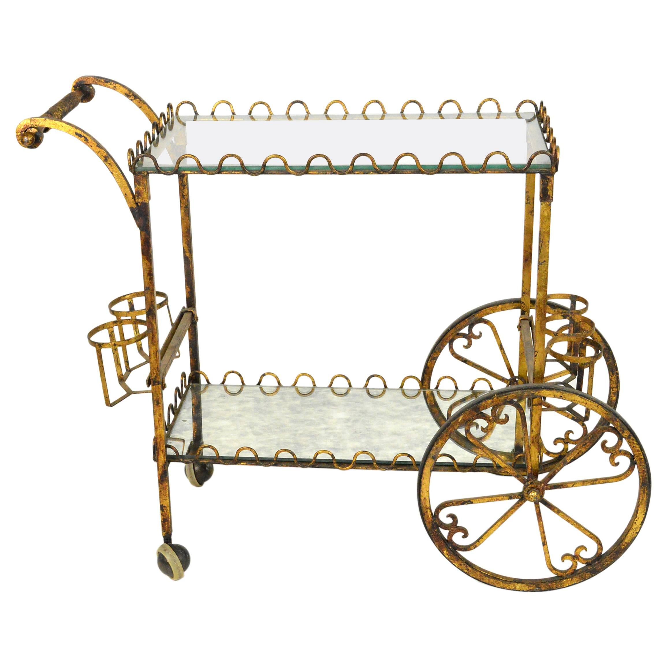 Mid-Century Gilt Iron Bar Cart or Tea Cart For Sale