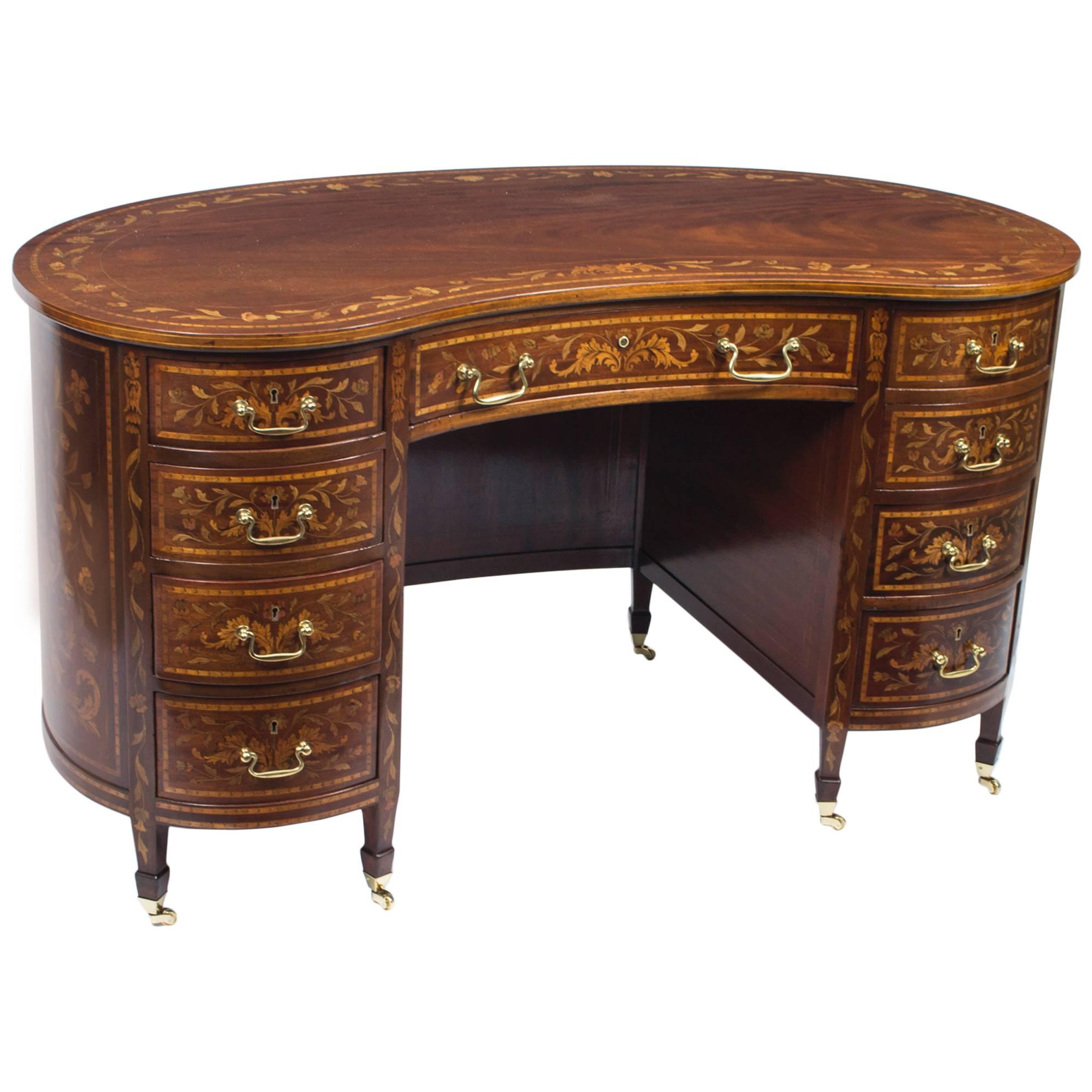 Antique Inlaid Marquetry Mahogany Kidney Desk, circa 1900