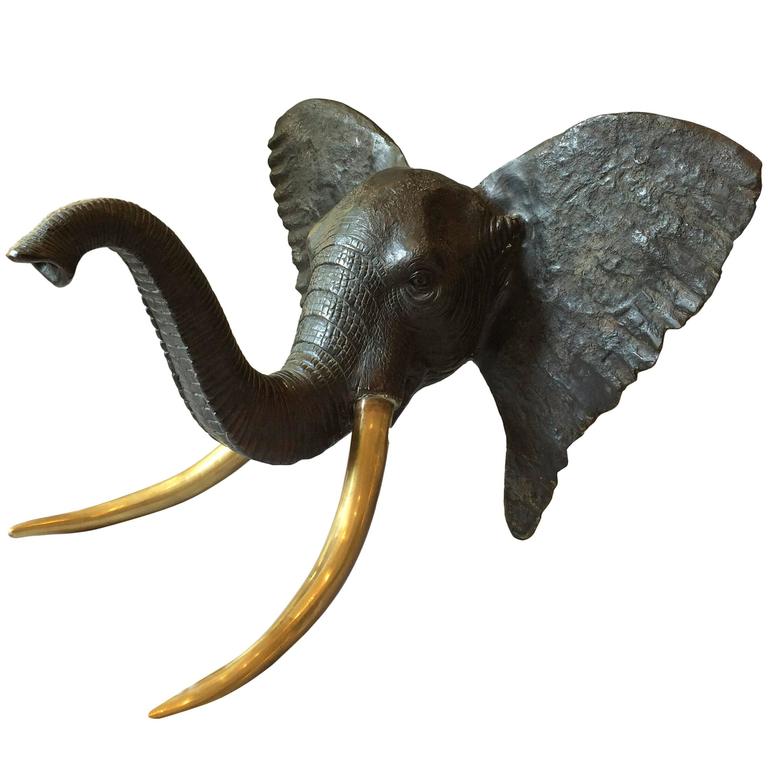Huge Bronze Elephant Head Sculpture with Brass Tusks at 1stDibs