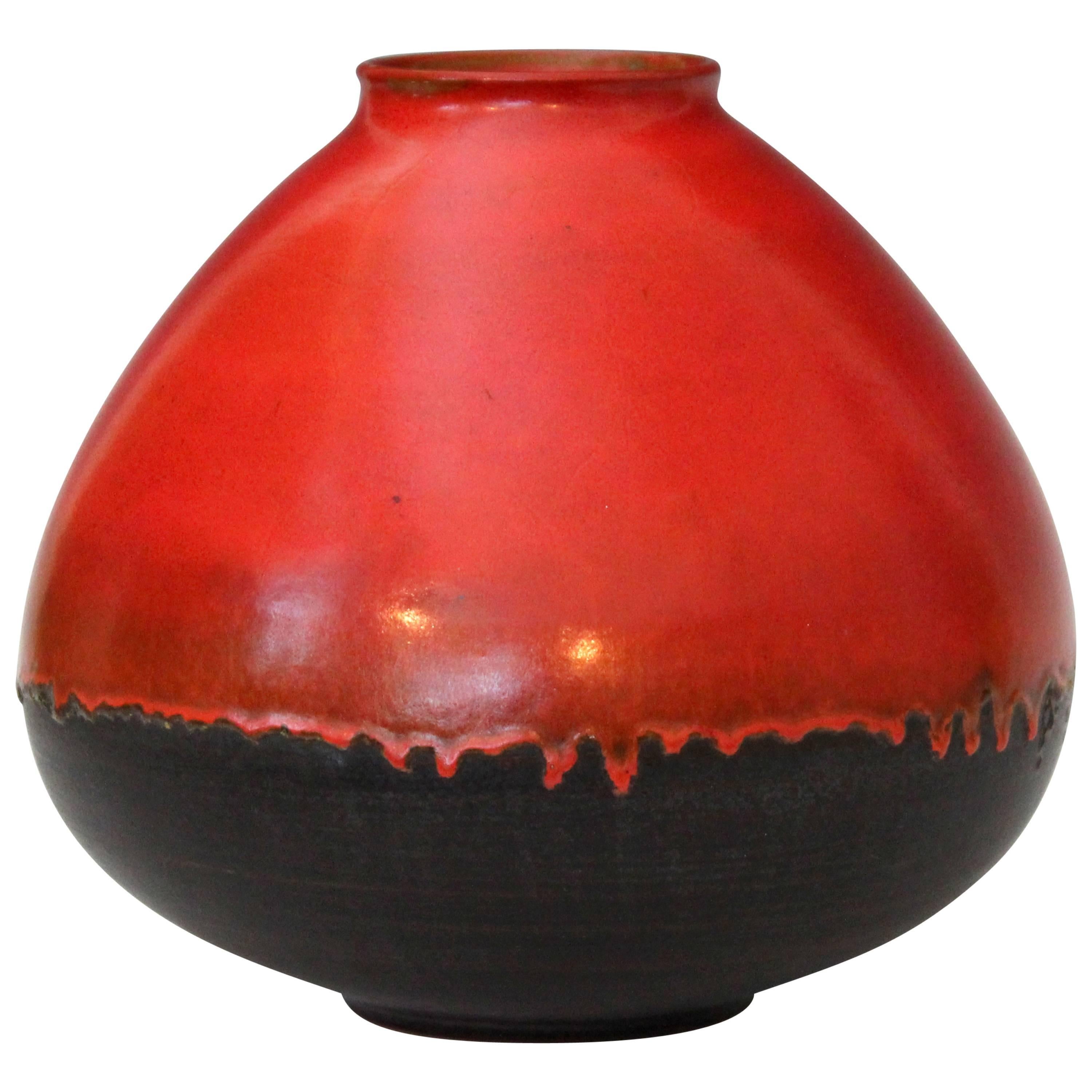 Big Mid-Century Studio Pottery Vase Uranium Orange Drip Glaze, Style of Natzler