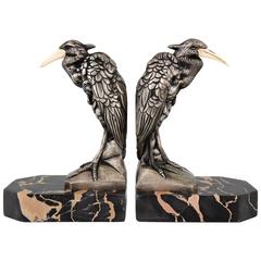 French Art Deco Silvered Bronze Heron Bookends by Manin, 1930