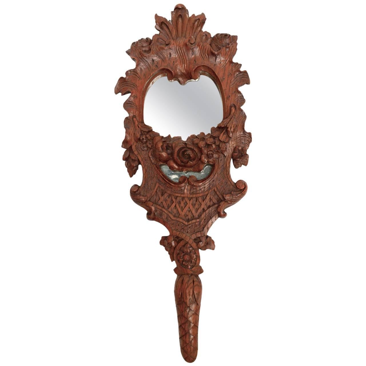 19th Century French Baroque Revival Hand Mirror with Detailed Carving For Sale