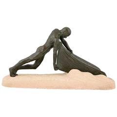 French Art Deco Sculpture Male Nude Fisherman with Boat Max Le Verrier, 1930