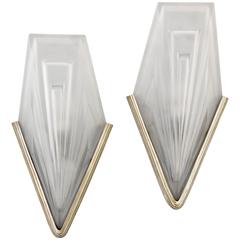 French Art Deco Bronze and Glass Wall Lights by Degué, 1930