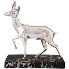 French Art Deco Silvered Bronze Deer Sculpture by Irenee Rochard, 1930