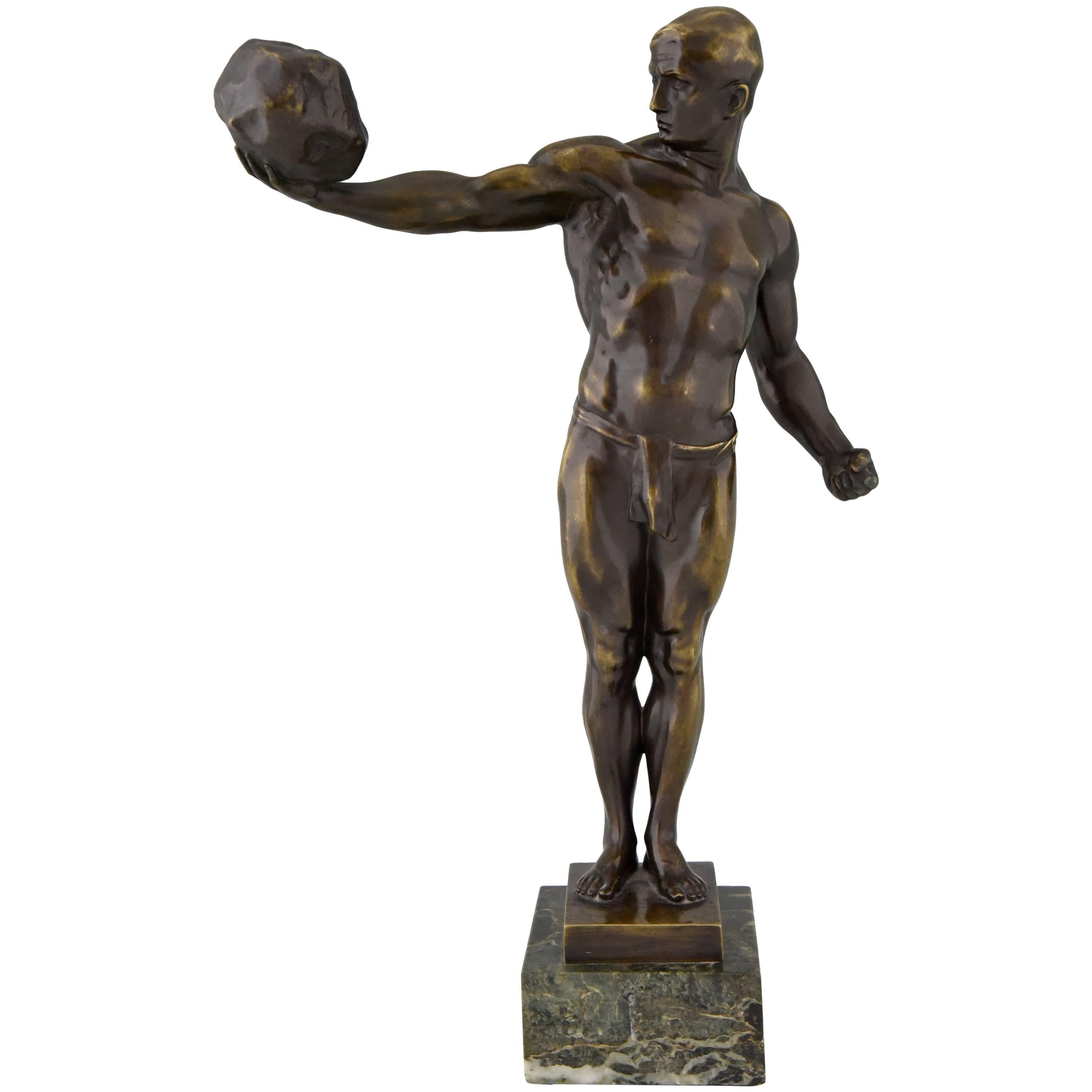 Antique Bronze Sculpture Athletic Male Nude with Stone, 1900