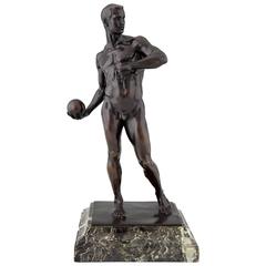 Antique Bronze Sculpture of a Male Nude, Athlete with Ball by Fabricius, 1904