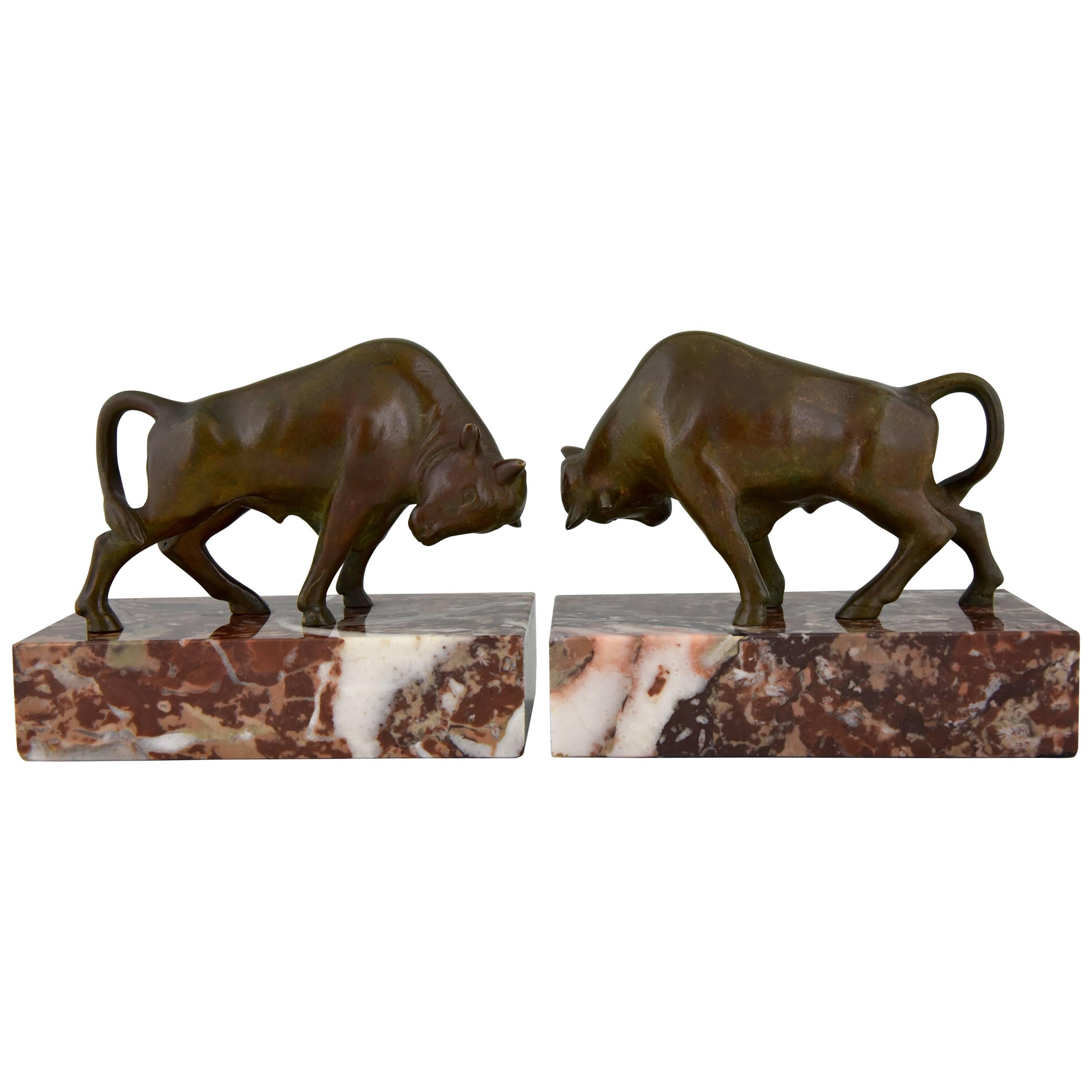 Art Deco Bronze Bull Bookends by Luc, 1930 France